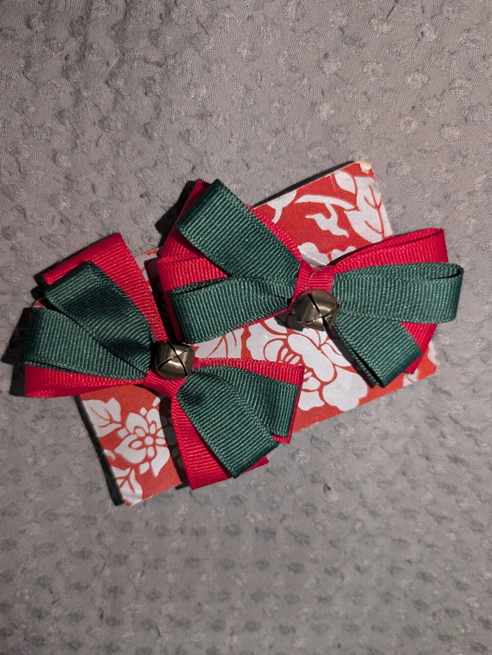 Green and Red Ribbon Hair Bows with Bell Accent